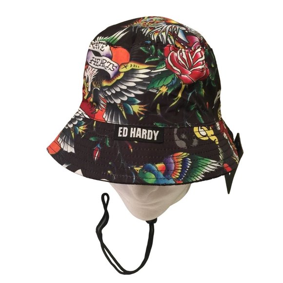Ed Hardy Men's Quilted Brim Bucket Hat Skull Tiger Brave HeartsBlack Red - Picture 1 of 7